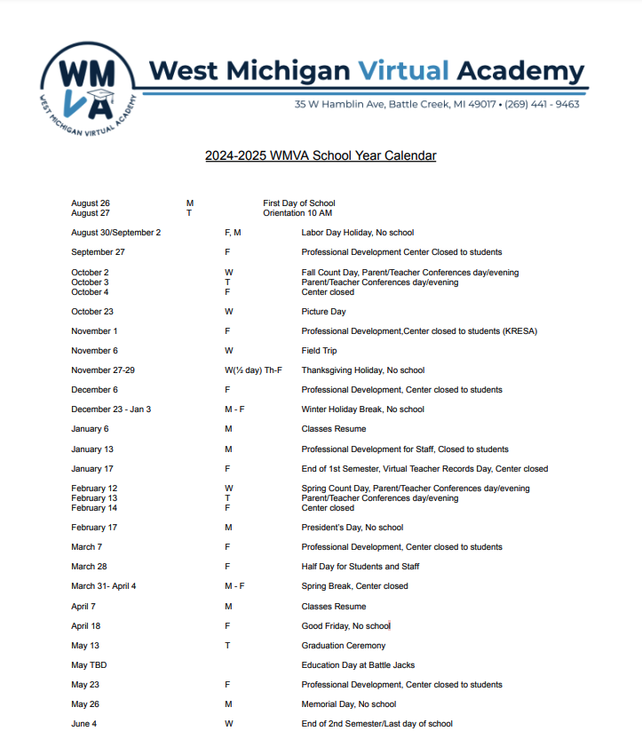 wmva school calendar 2024-2025